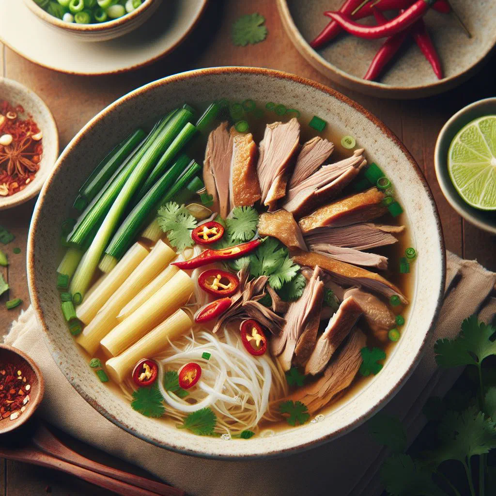 Bowl of bun ngan with rice noodles, sliced duck and fresh herbs