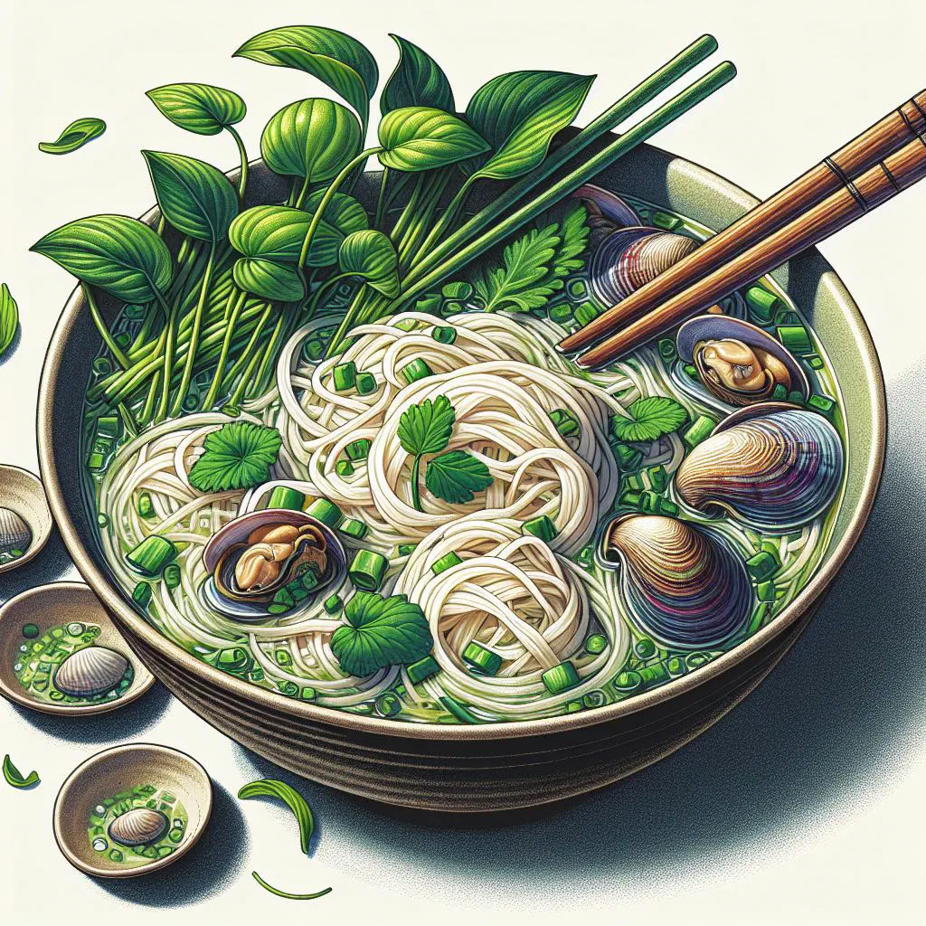 A steaming bowl of Bun Ngheu rice noodle soup with seafood and fresh herbs