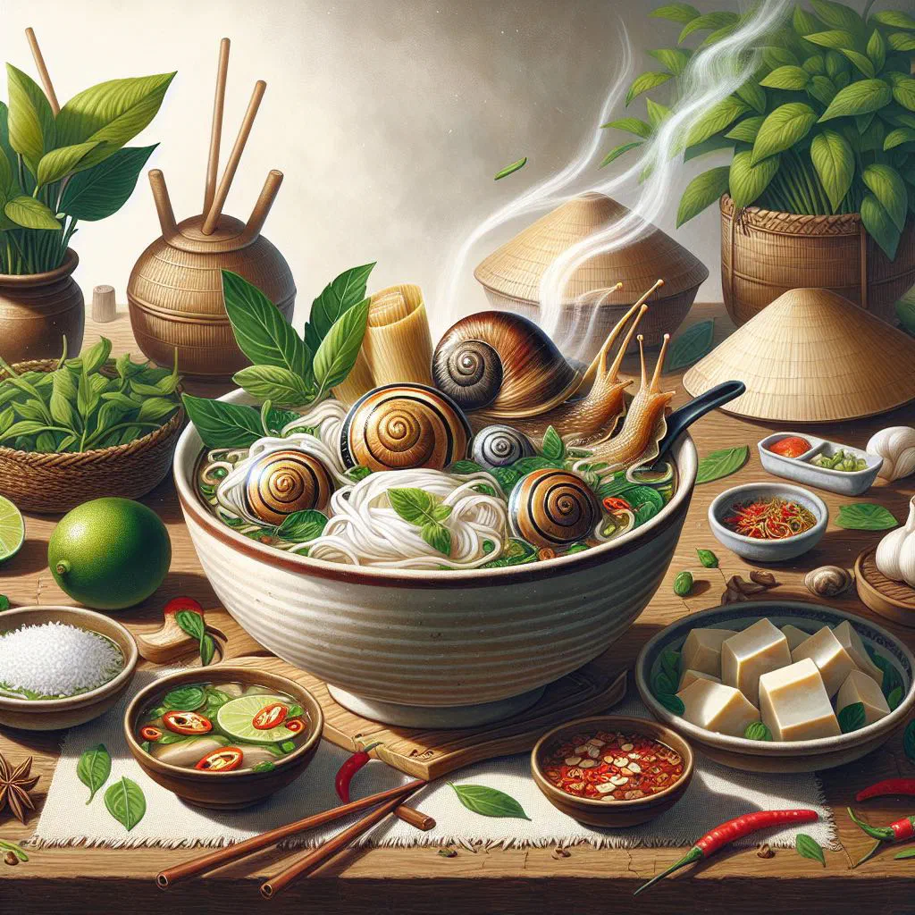 Bowl of bun oc chuoi dau snail and rice noodle soup with fresh herbs and lime
