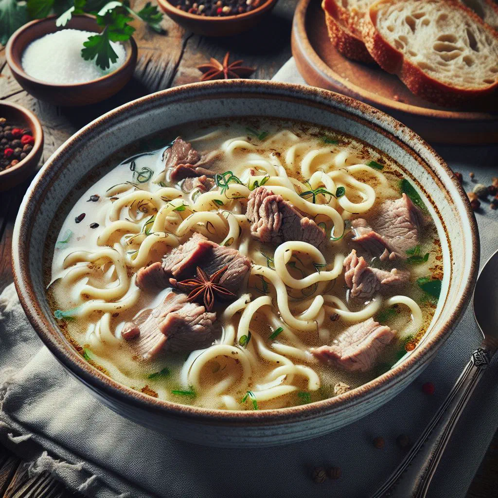 Bowl of Bun Oc snail rice noodle soup with fresh herbs and lime