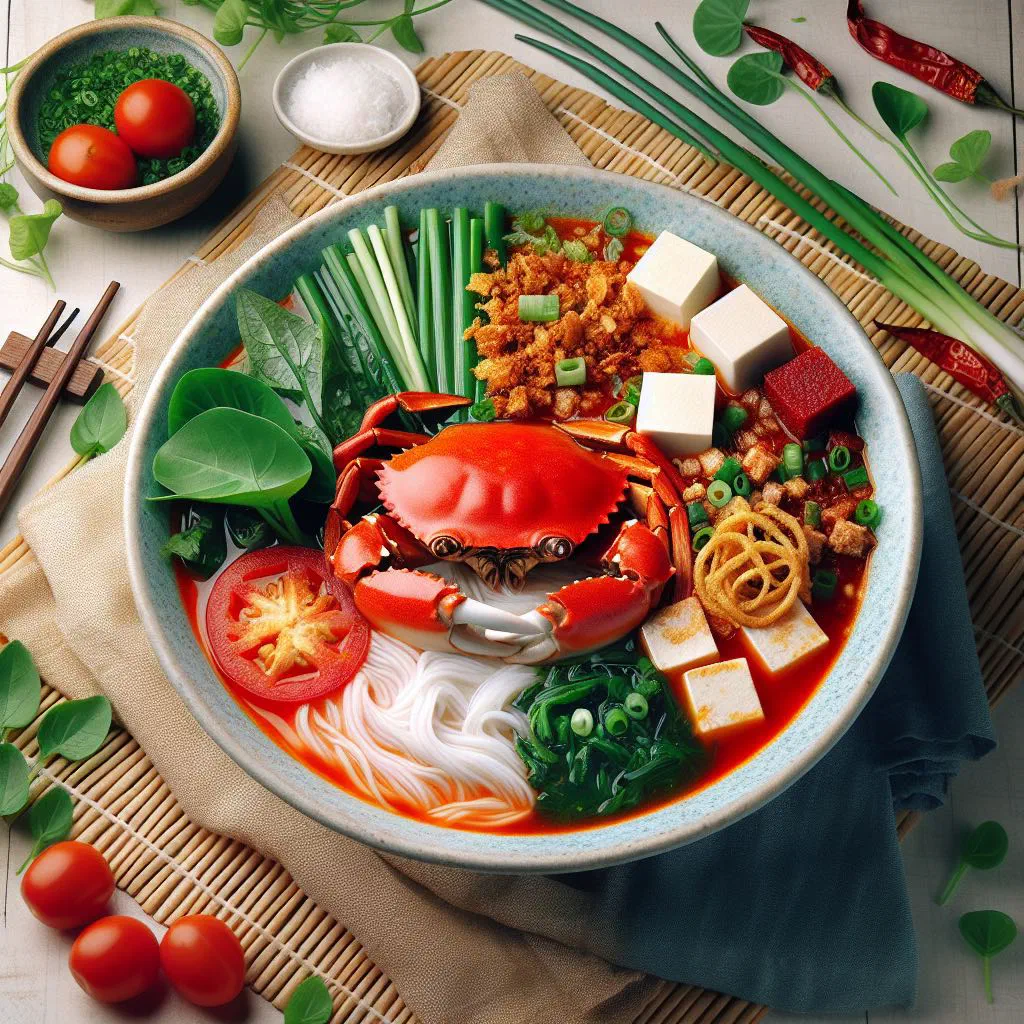 Bowl of bun rieu cua with rice noodles, tomatoes and fresh herbs