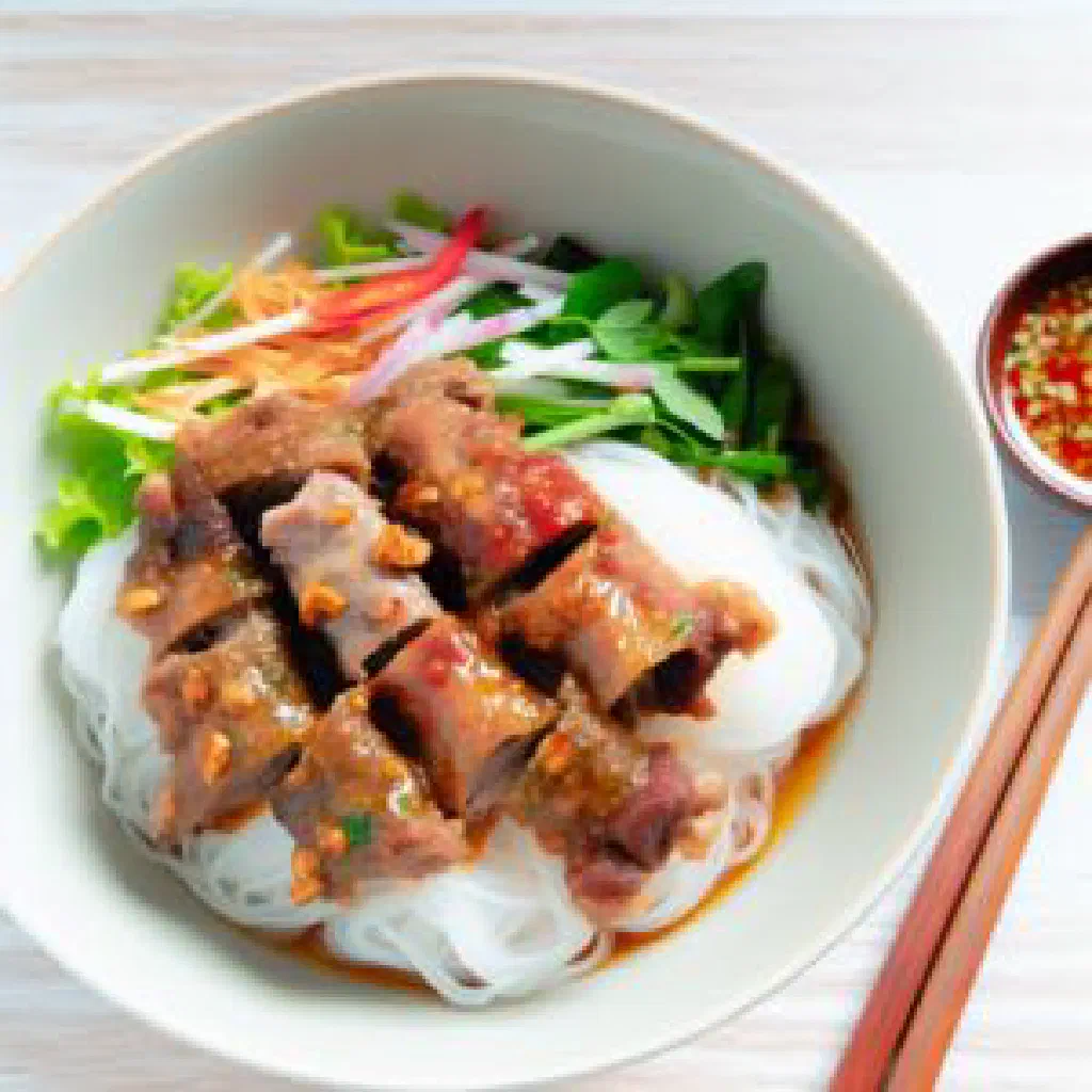 Bowl of Bun Suon noodle soup with rice noodles, beef ribs and fresh herbs