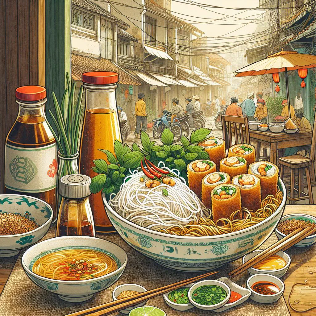 Bowl of Vietnamese rice noodles topped with crispy fried tofu, fresh herbs and peanuts
