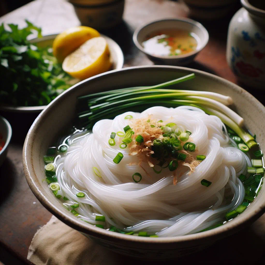 Bowl of Bun Tau with rice noodles, fresh herbs, carrot and peanuts