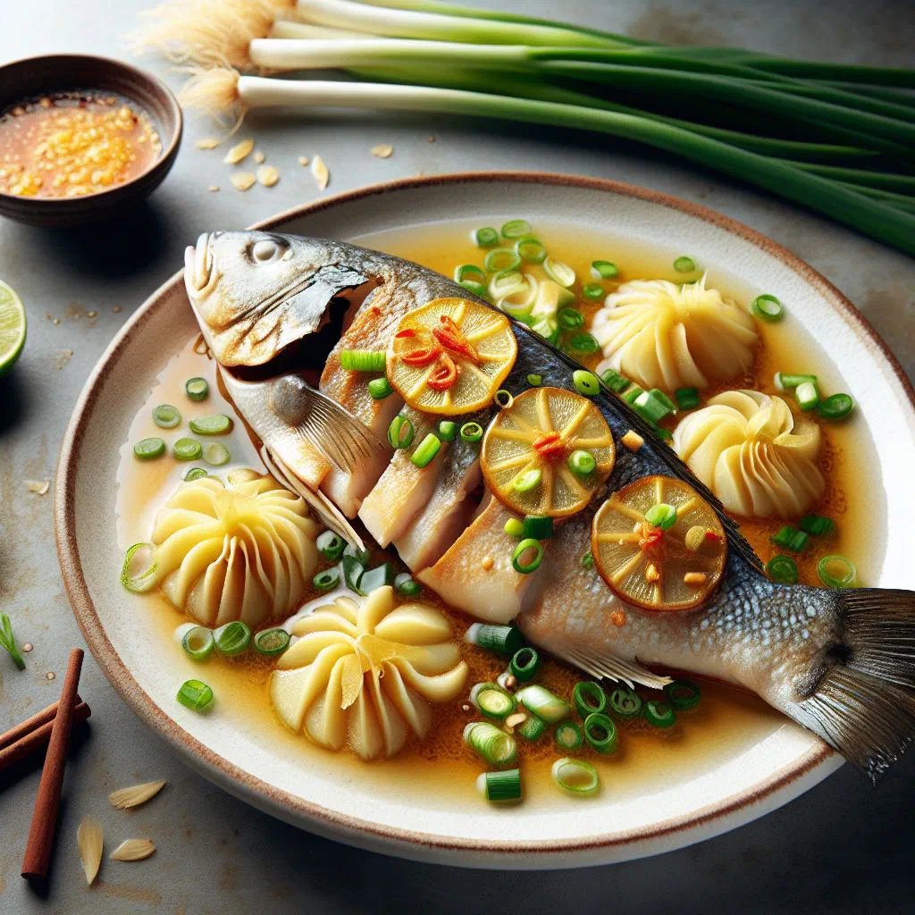 Steamed fish fillet topped with ginger and spring onions, garnished with fresh coriander