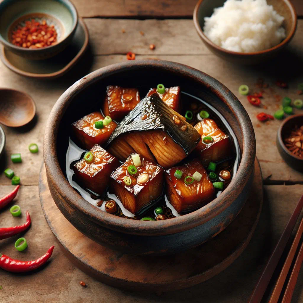Vietnamese ca kho to, caramelised fish braised in a clay pot, garnished with spring onions and chilli
