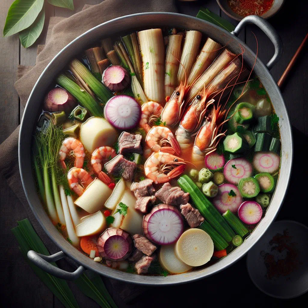 Vietnamese catfish soup garnished with fresh herbs and lime