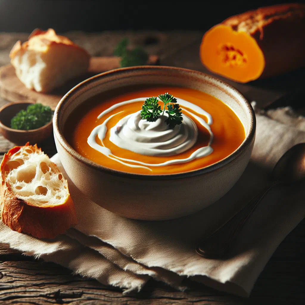 Bowl of Vietnamese canh bi do pumpkin soup garnished with fresh coriander