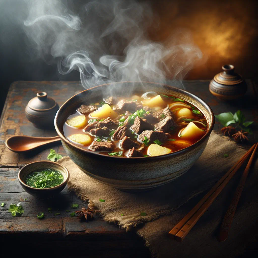 Vietnamese beef and potato soup garnished with fresh herbs