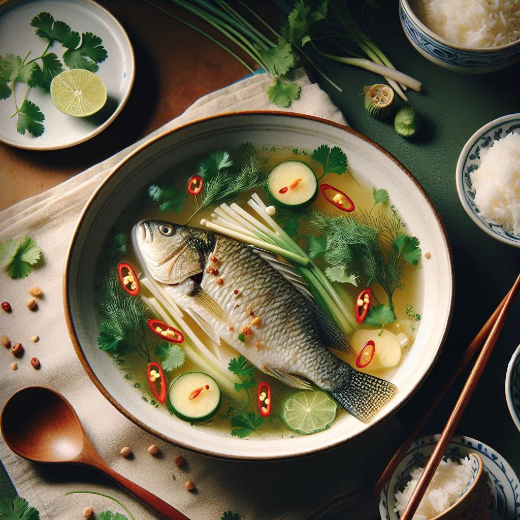 Vietnamese fish soup canh ca thi la garnished with fresh dill and lime