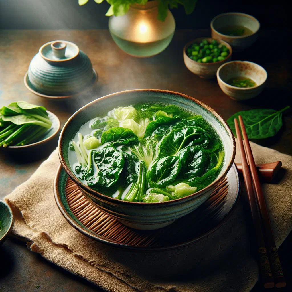 Bowl of Canh Cai Be Xanh, a clear Vietnamese green vegetable soup garnished with coriander