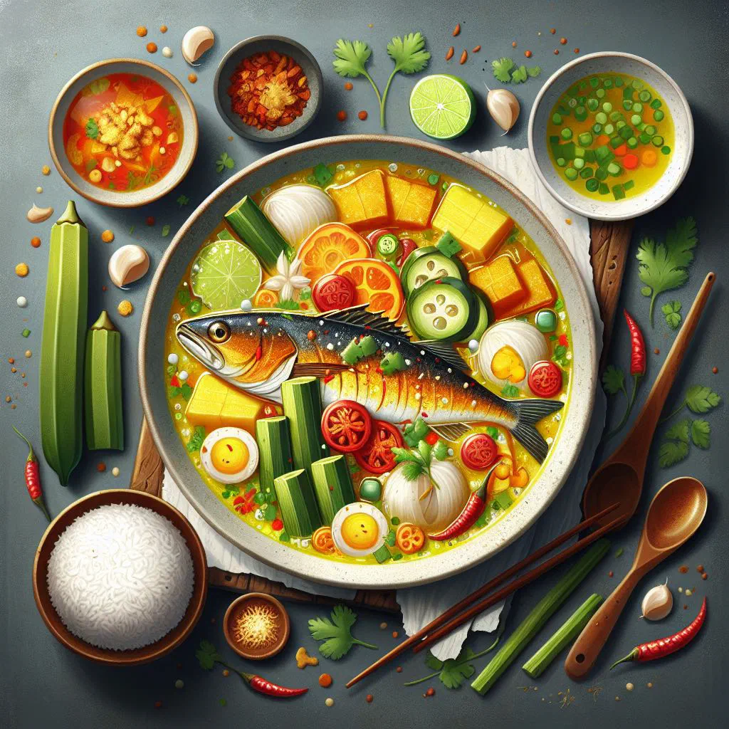 Vietnamese sour fish soup with pineapple, tomato and fresh herbs in a bowl