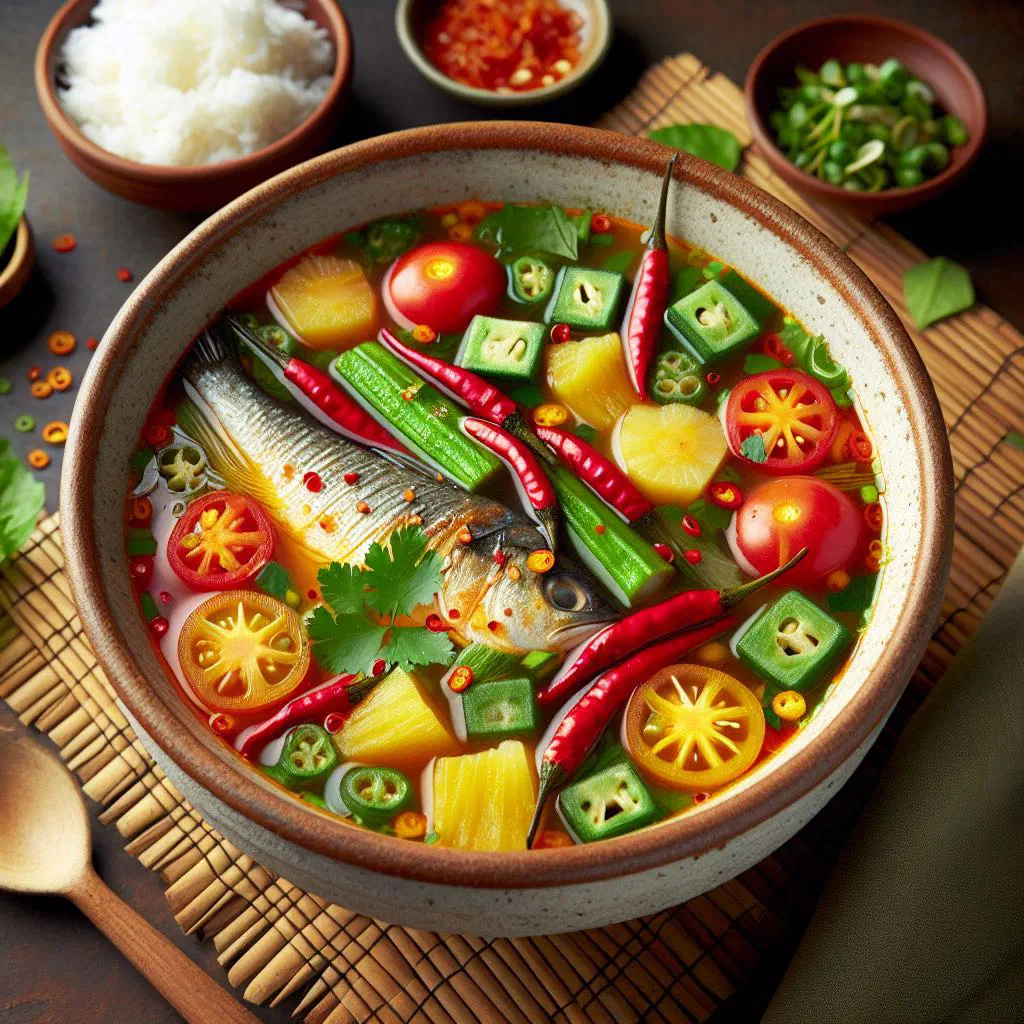 A steaming bowl of Vietnamese canh chua with fish, pineapple and fresh herbs