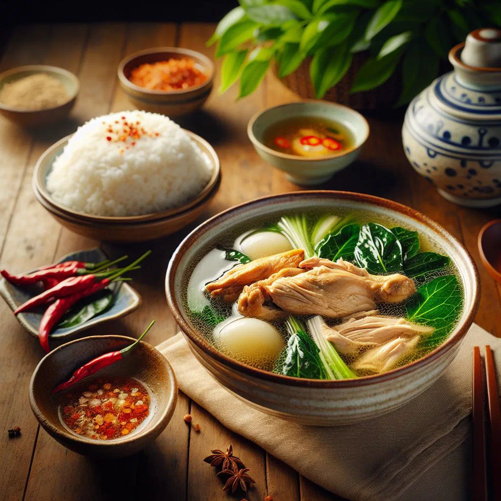 A bowl of Vietnamese chicken soup with vegetables and fresh herbs
