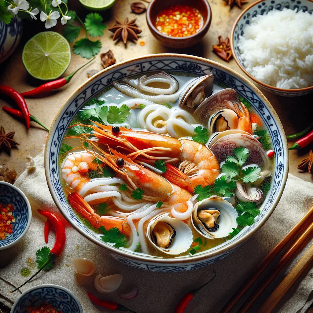 A steaming bowl of Vietnamese seafood soup with prawns, herbs and chilli
