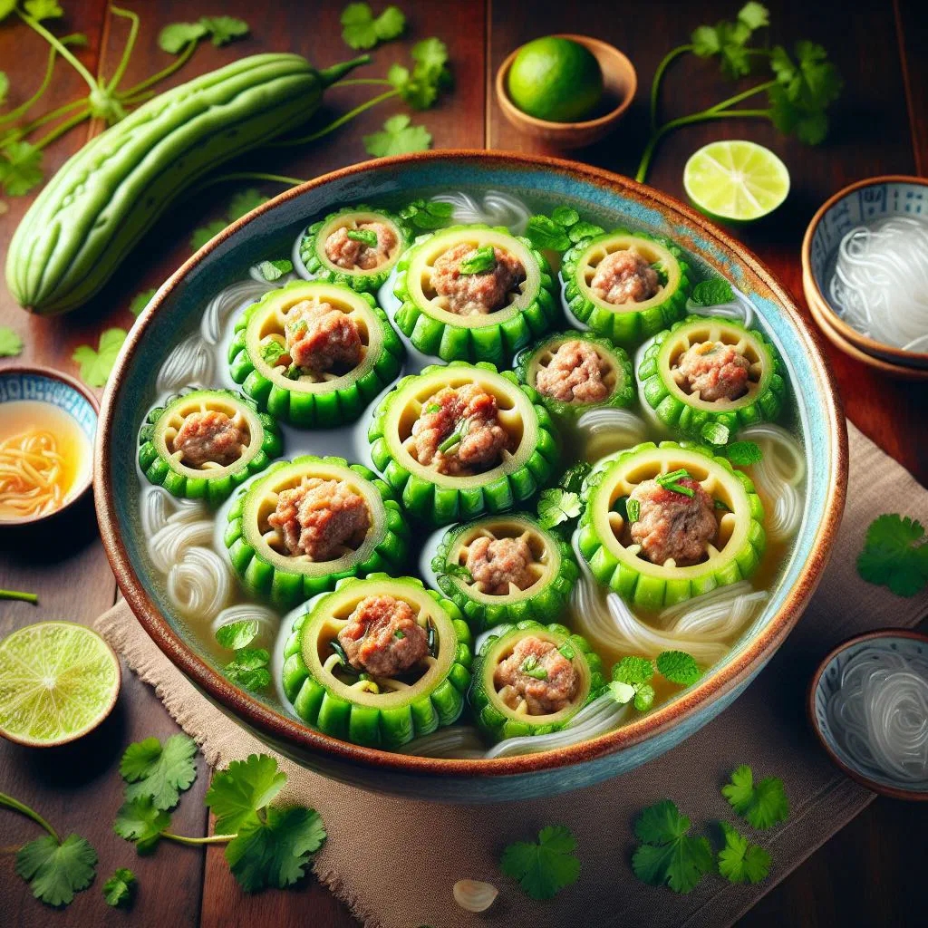 Vietnamese stuffed bitter melon soup garnished with fresh herbs