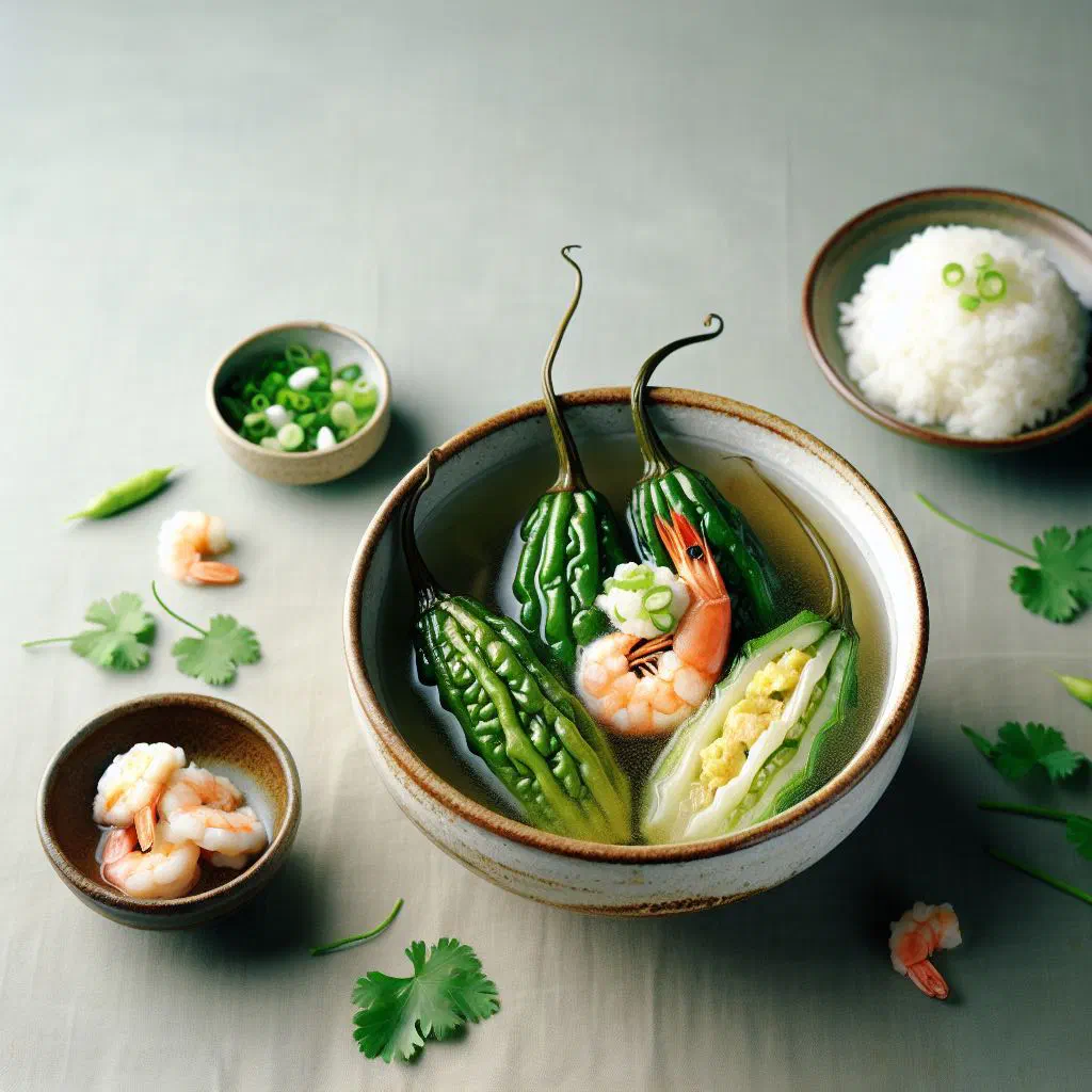 Vietnamese bitter melon soup with pork-stuffed gourd rings and fresh coriander