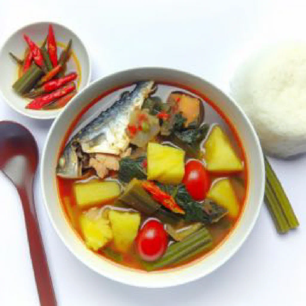 Vietnamese sour bamboo shoot soup garnished with fresh herbs and lime