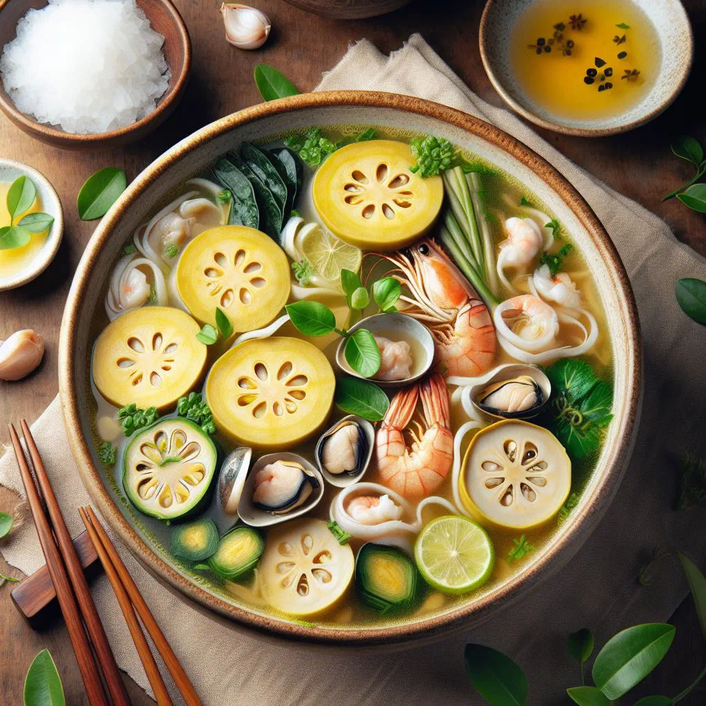 Vietnamese young jackfruit soup garnished with fresh herbs and lime
