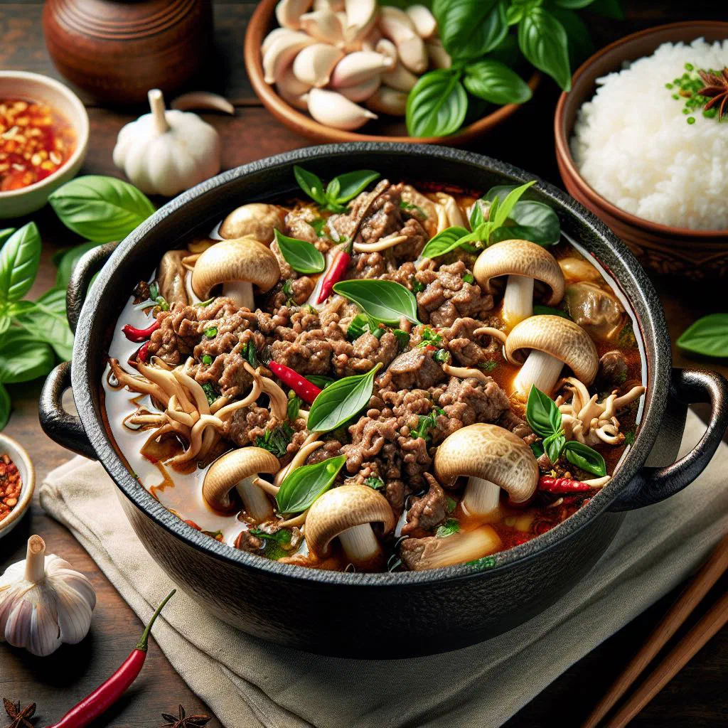 Vietnamese straw mushroom and minced pork soup garnished with fresh herbs