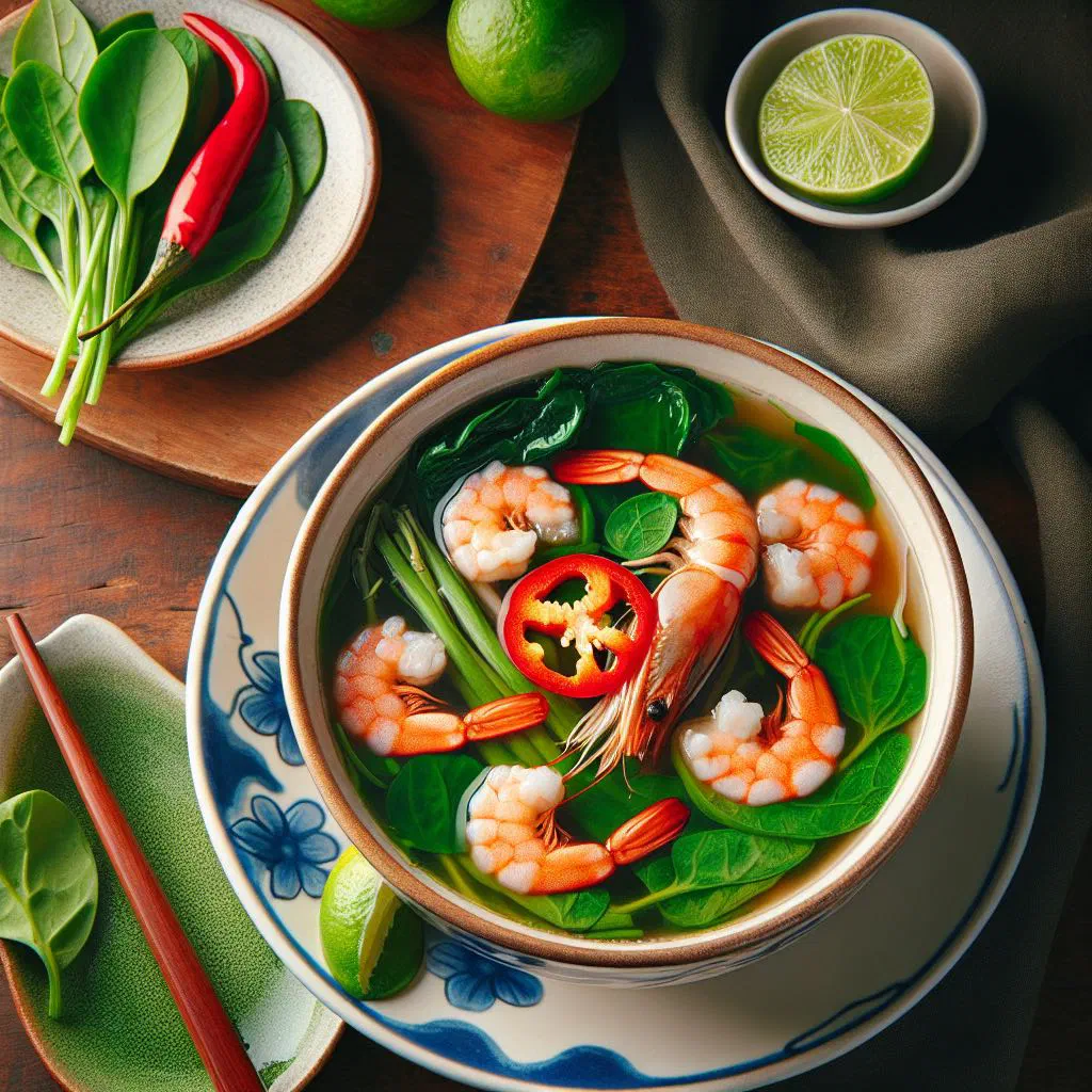 A clear Vietnamese soup with leafy greens, carrots and prawns garnished with coriander