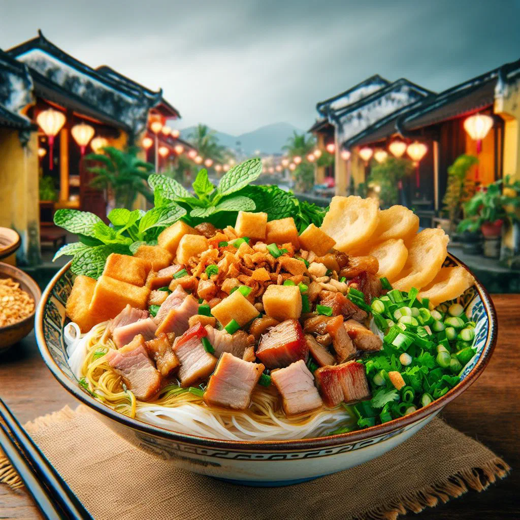 Bowl of Cao Lau with thick rice noodles, sliced pork and fresh herbs