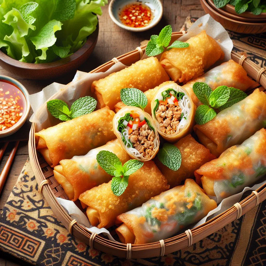 Golden, crispy Vietnamese cha gio spring rolls with fresh herbs and dipping sauce