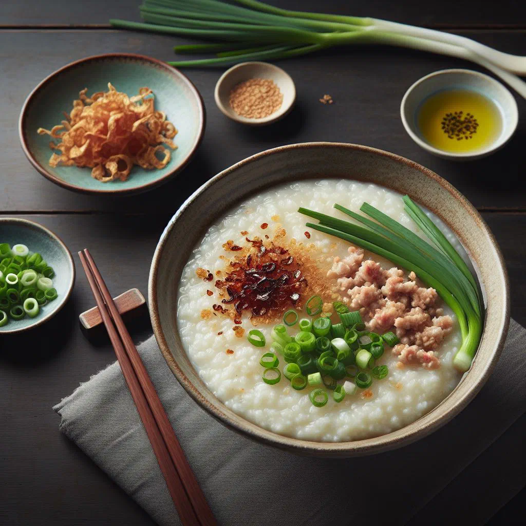 Bowl of Vietnamese rice porridge with minced pork and fresh herbs
