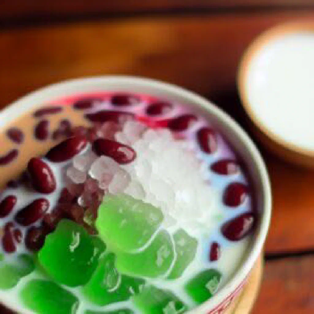 Layered Che Ba Mau dessert with beans, green jelly and coconut milk in a glass