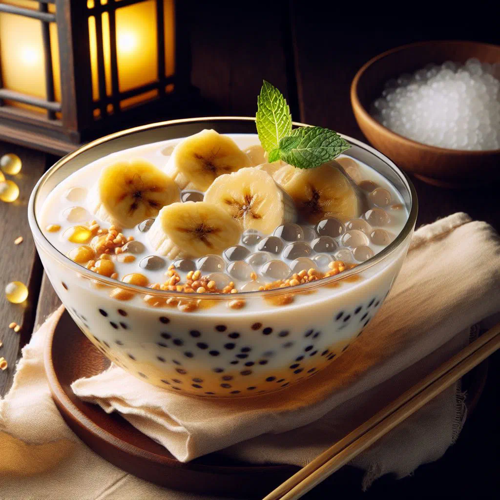 Vietnamese chè chuối with banana, coconut milk and tapioca pearls in a bowl