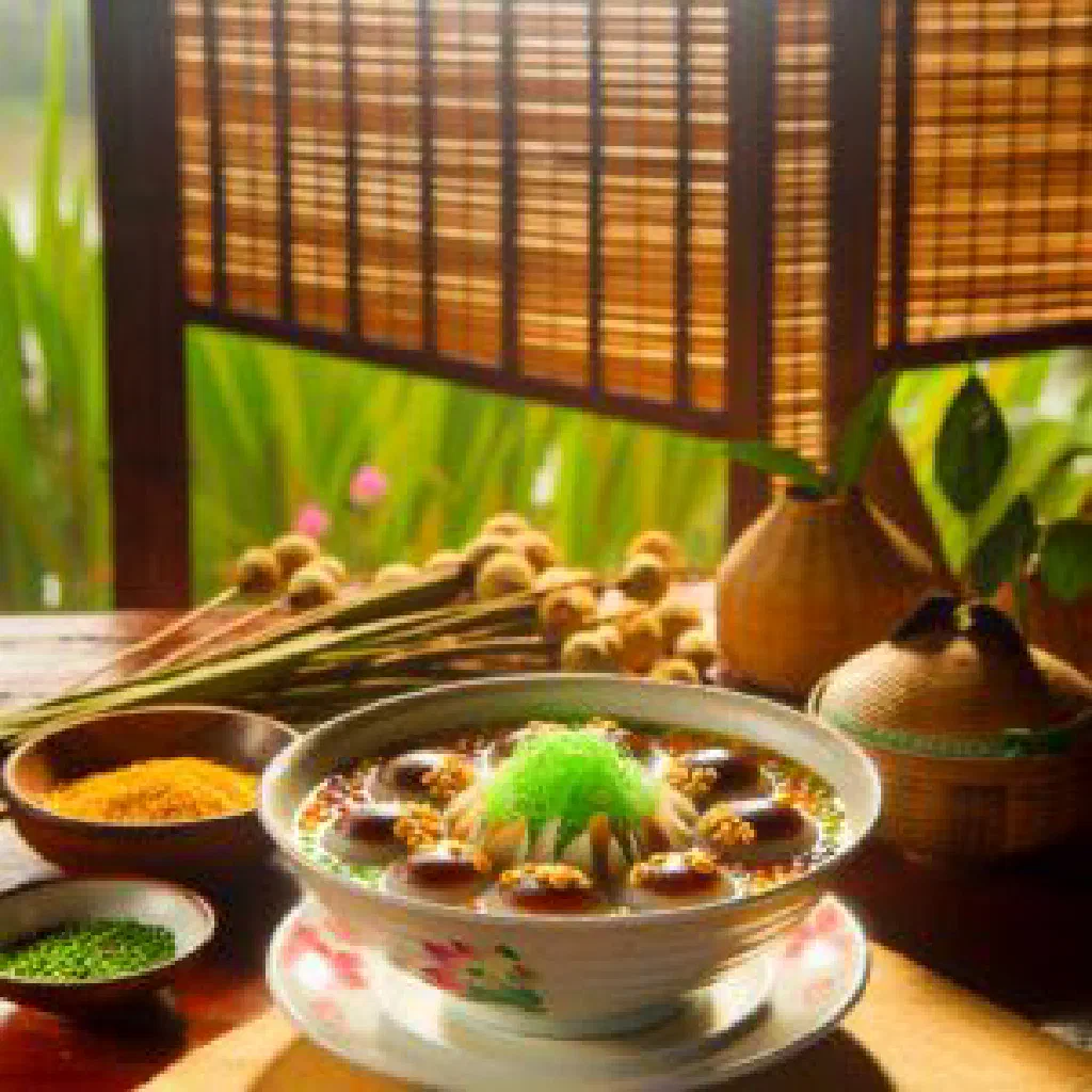 Sweet lotus seed dessert in a small glass, garnished with mint
