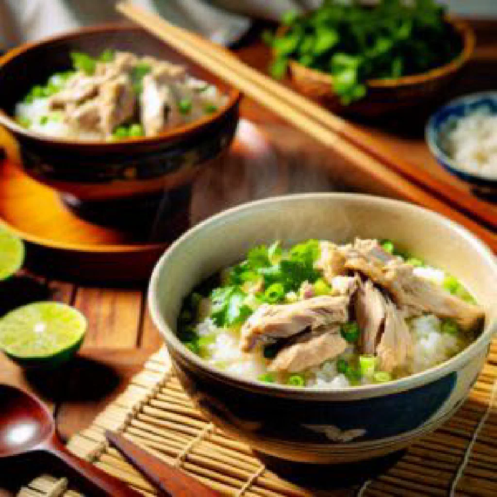 A bowl of Vietnamese chicken rice porridge garnished with spring onions and coriander