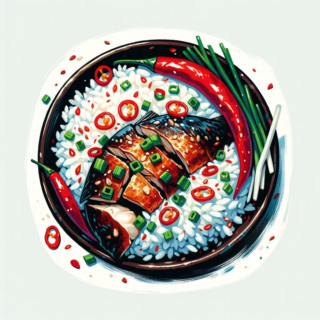 Vietnamese fried rice with flaked fish and colourful vegetables