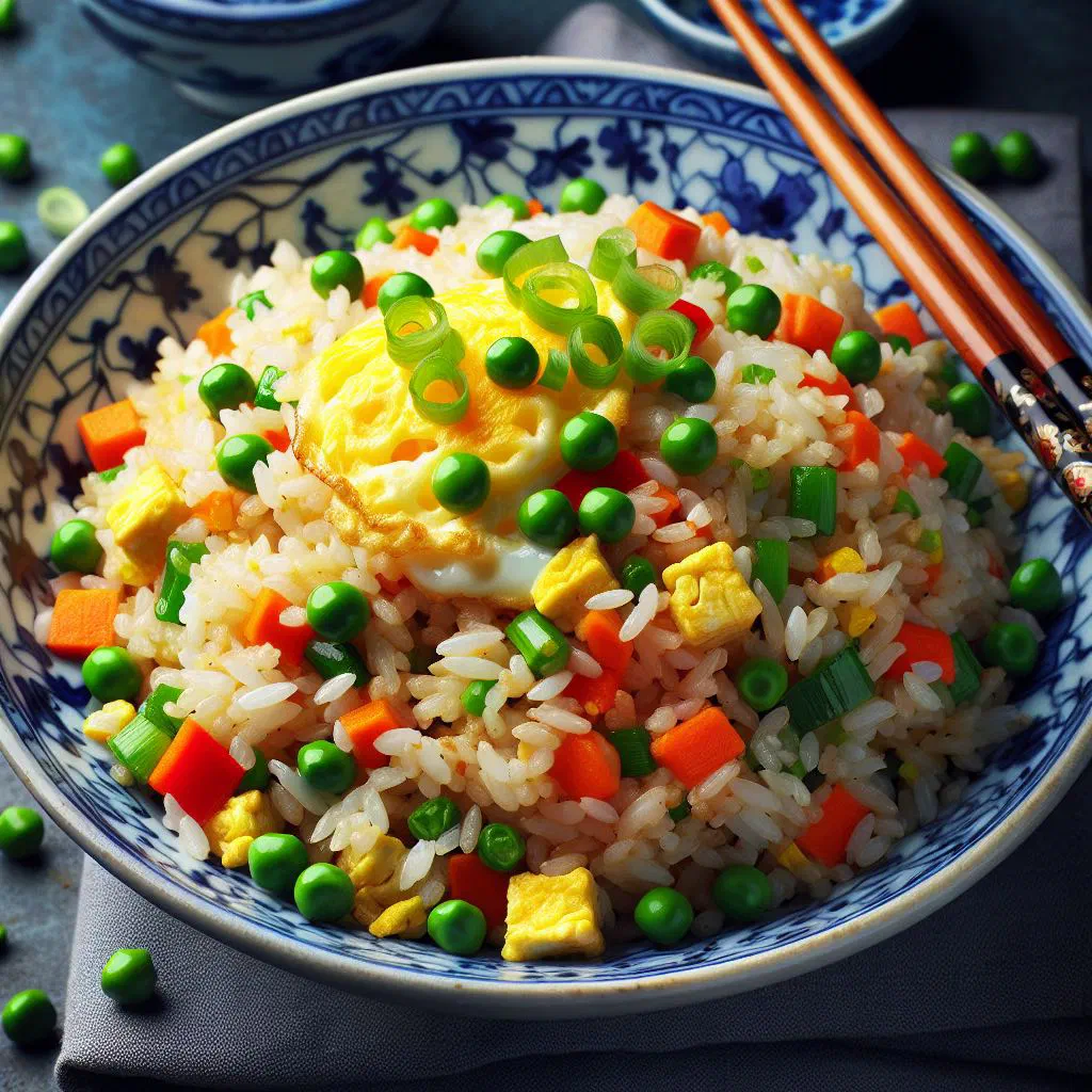 Vietnamese fried rice with peas, carrots and spring onions in a bowl