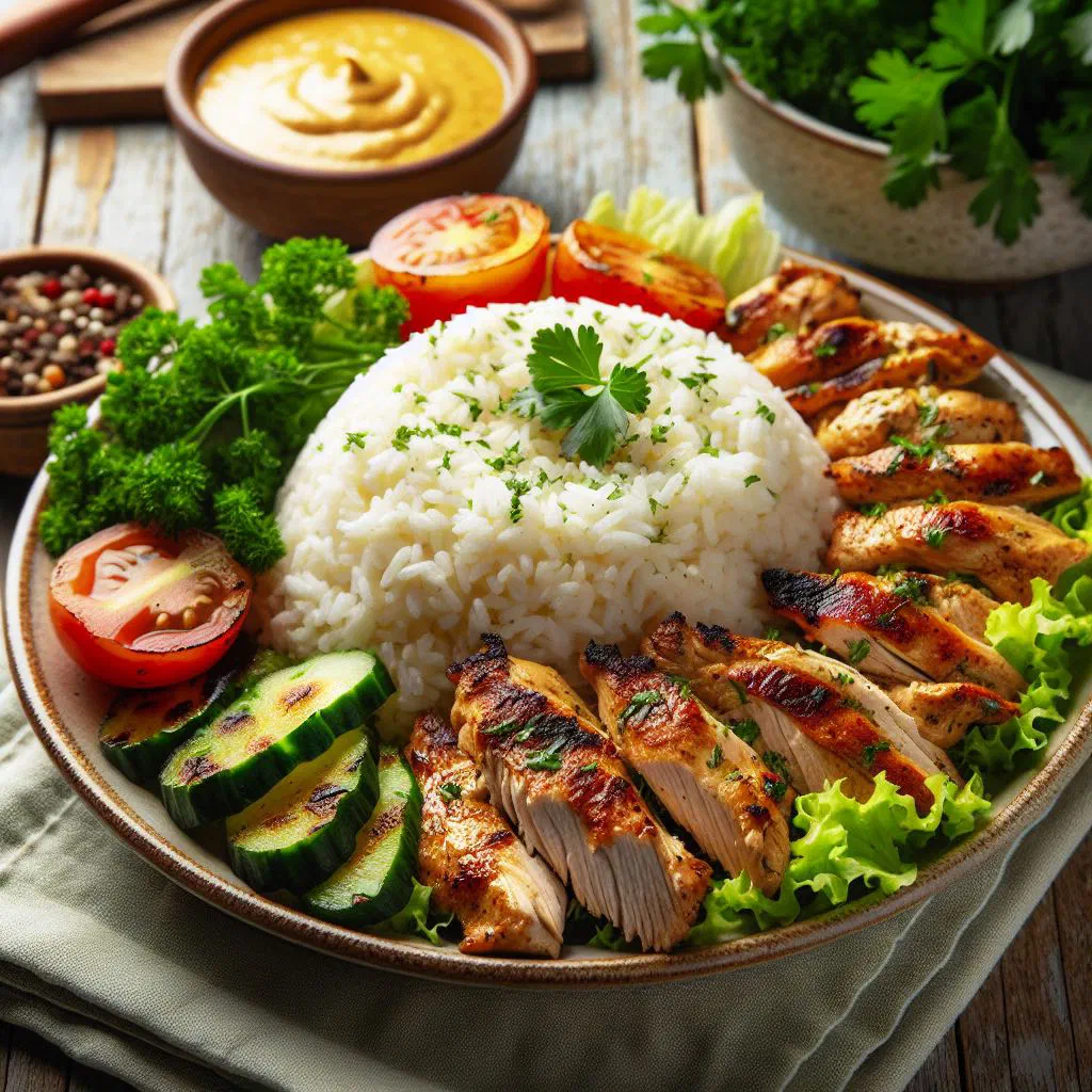 Vietnamese com ga with tender chicken over fragrant jasmine rice and fresh herbs