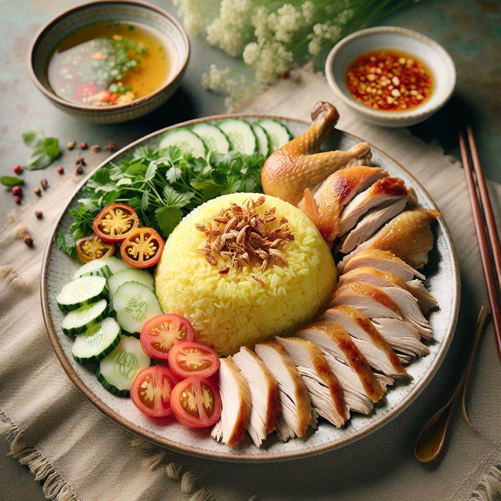 Vietnamese com ga tay cam with chicken, jasmine rice and fresh herbs