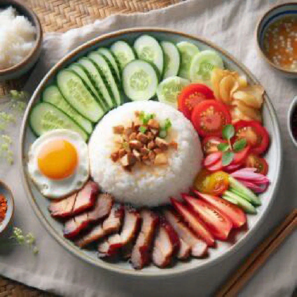 Com tam with grilled pork belly, broken rice and pickled vegetables