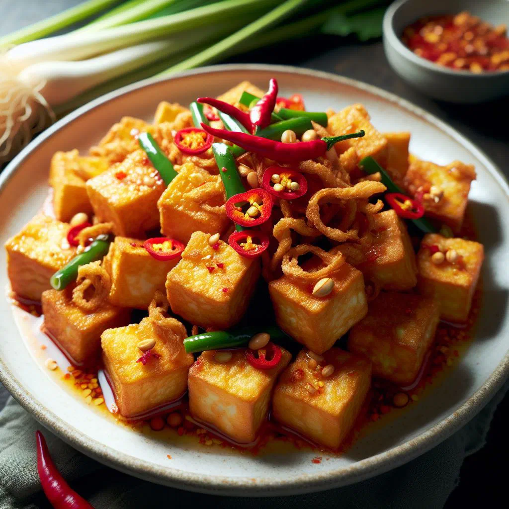Crispy tofu stir-fried with lemongrass and chilli, garnished with fresh coriander