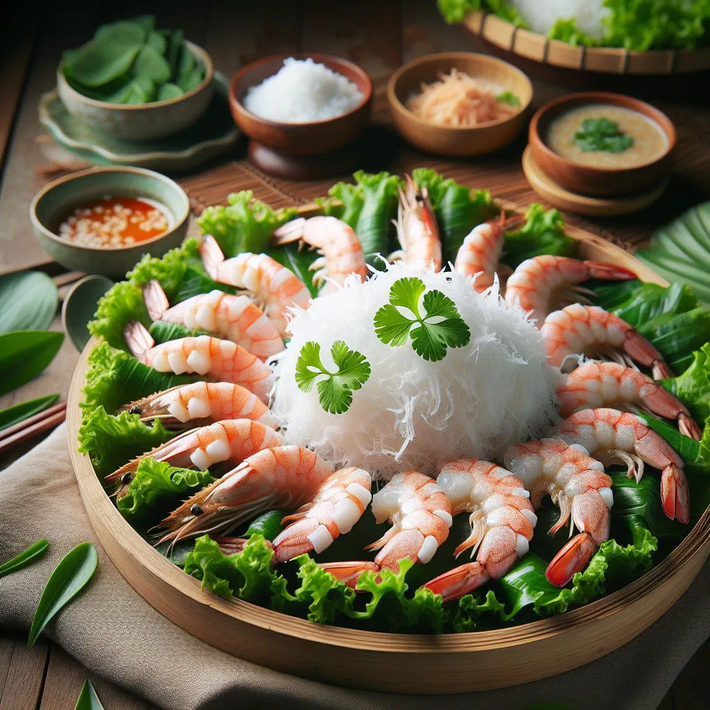 Steamed prawns in creamy coconut sauce garnished with fresh coriander