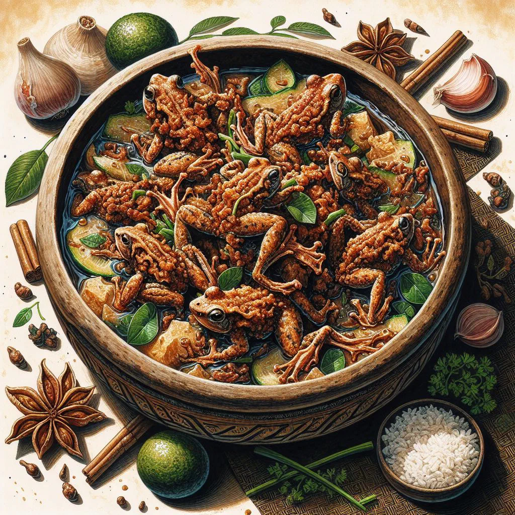 Crispy fried frog glazed with fish sauce, garnished with fresh herbs and lemon
