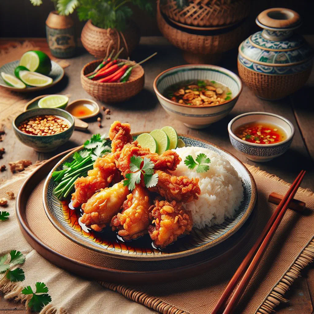 Crispy fried chicken pieces glazed in fish sauce with fresh herbs