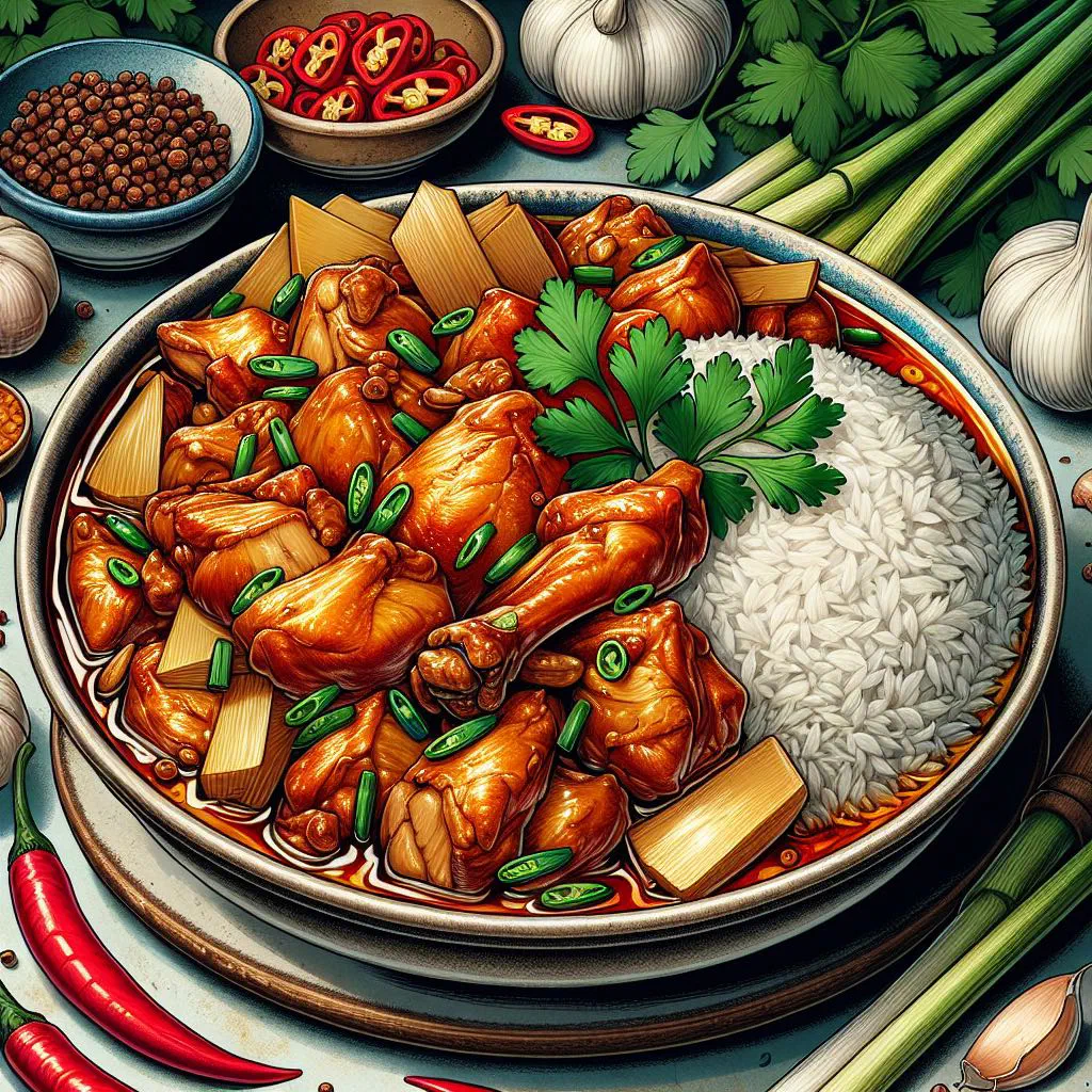 Braised Vietnamese chicken with ginger, garnished with fresh coriander and red chilli