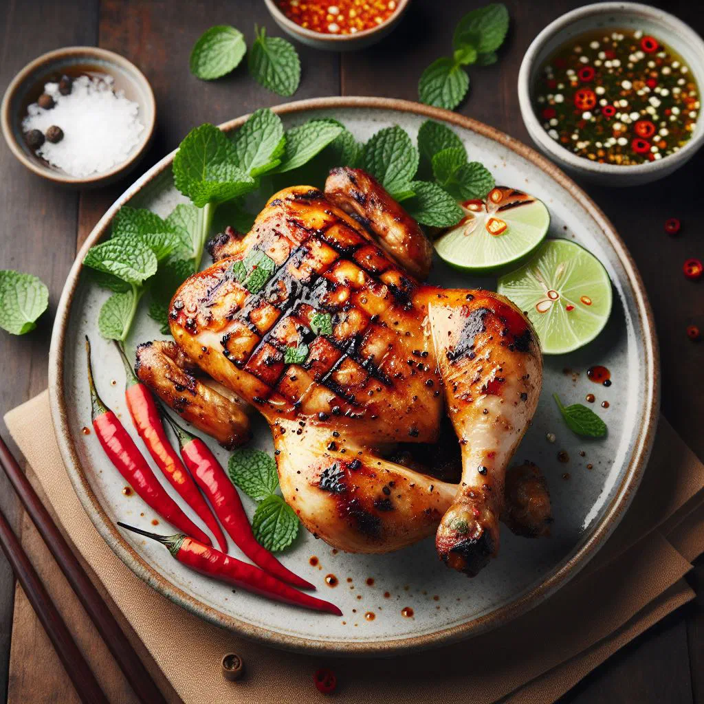 Grilled Vietnamese salt-and-chilli chicken with crispy golden skin