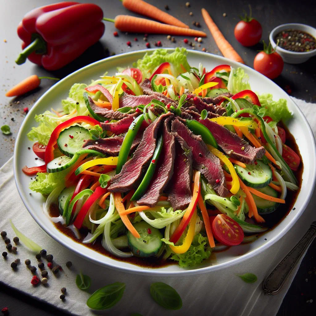 Vietnamese goi bo beef salad with carrot, cucumber and fresh herbs