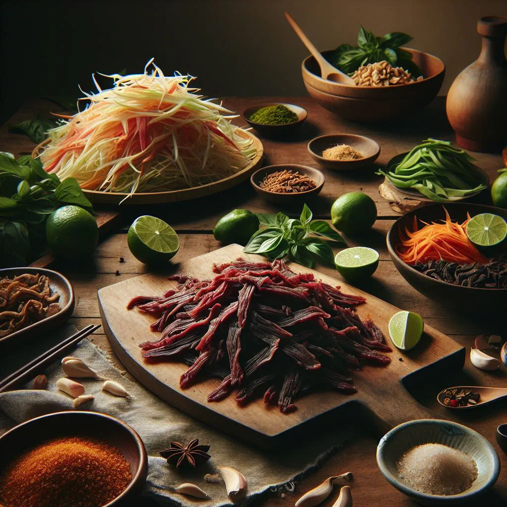 Vietnamese green papaya salad with strips of beef, carrot and fresh herbs