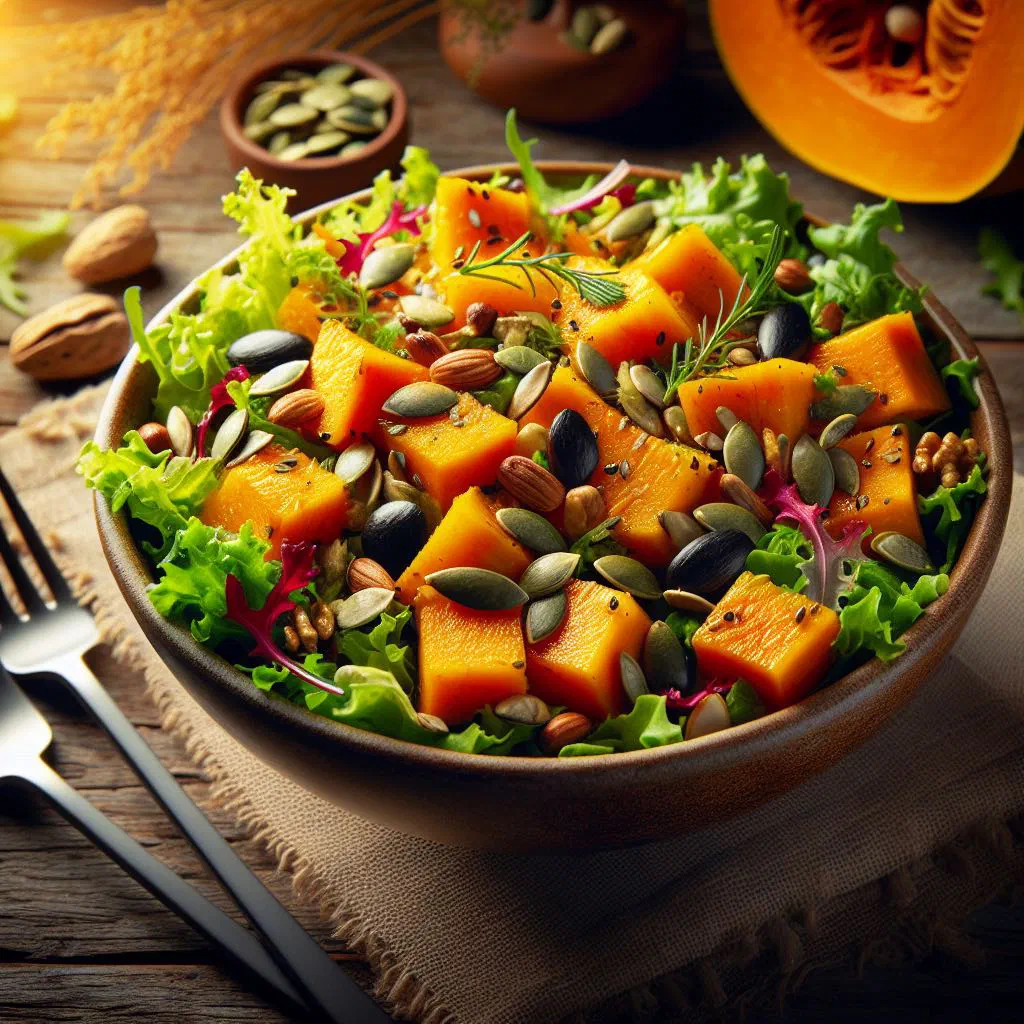 Vietnamese squash salad with carrots, peanuts and fresh herbs in a bowl