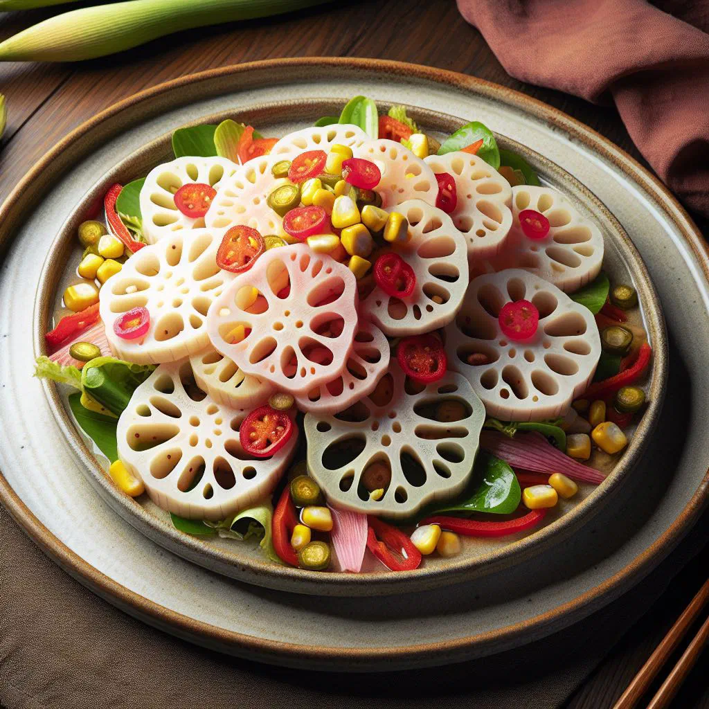 Vietnamese lotus stem salad with prawns, carrot and fresh herbs topped with peanuts