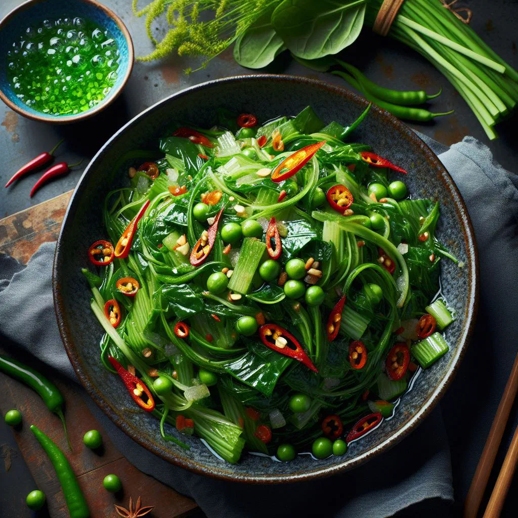 Vietnamese water spinach salad topped with roasted peanuts and herbs