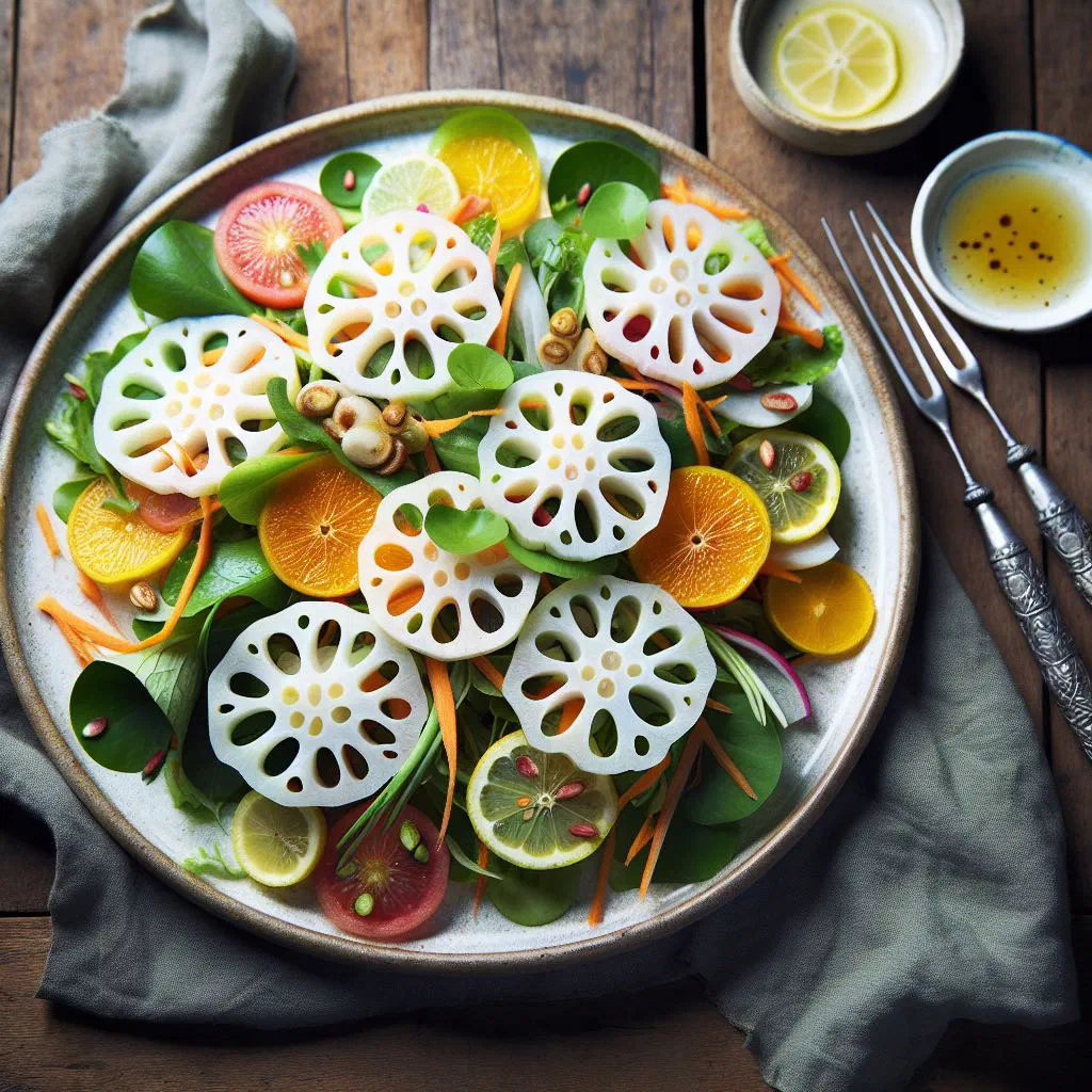 Vietnamese lotus root salad with prawns, herbs and peanuts on a platter