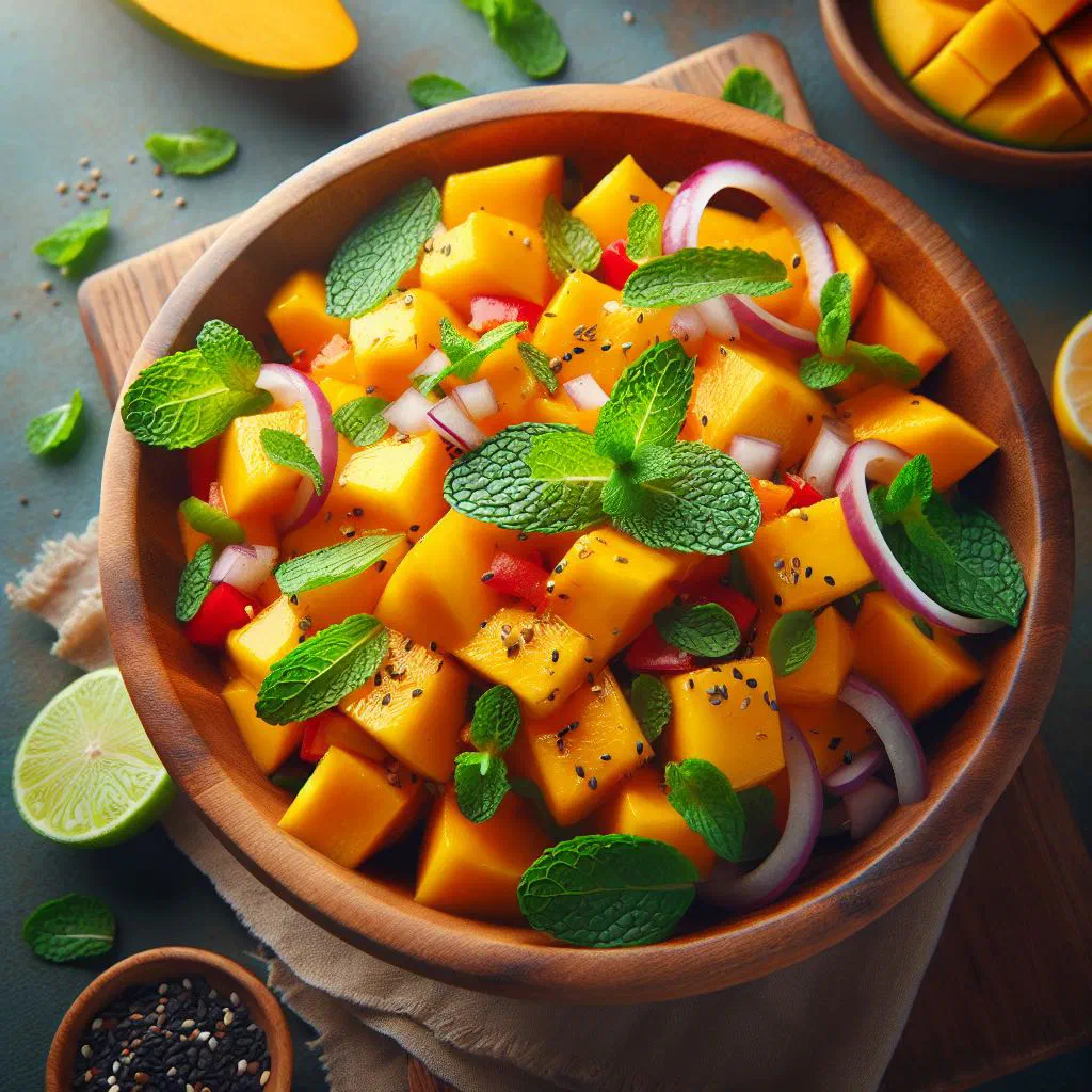 Vietnamese green mango salad topped with herbs and crushed peanuts